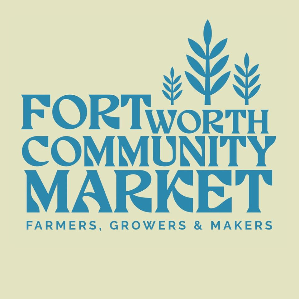 Fort Worth Community Market Logo with a cream background and blue writing 
