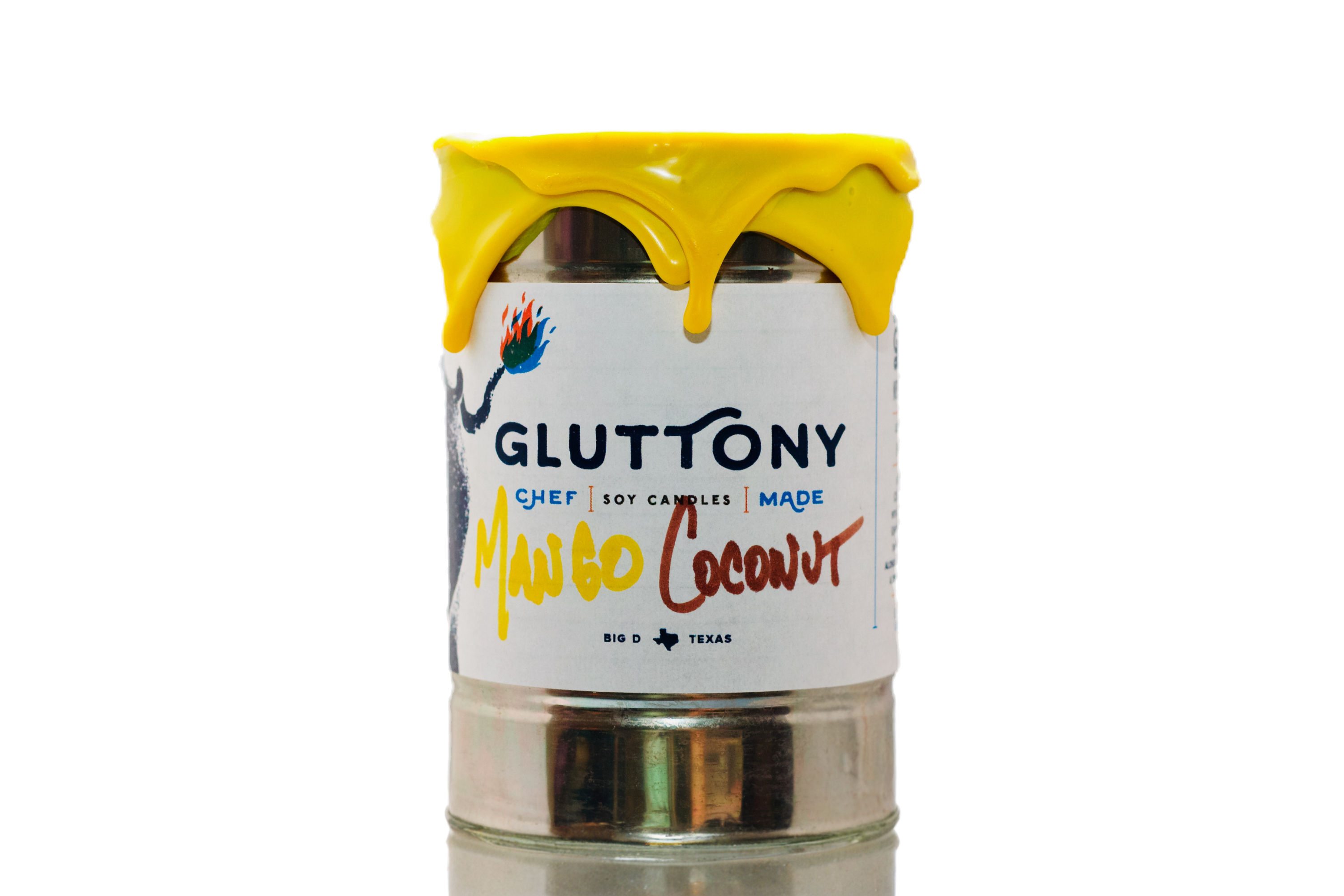 Eco-Friendly Mango Coconut soy candle in a recycled soup can, against a white backdrop with a sunny yellow rim