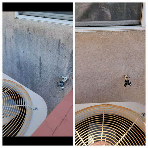 Before and after of stucco that was cleaned with house washing services using soft washing techniques