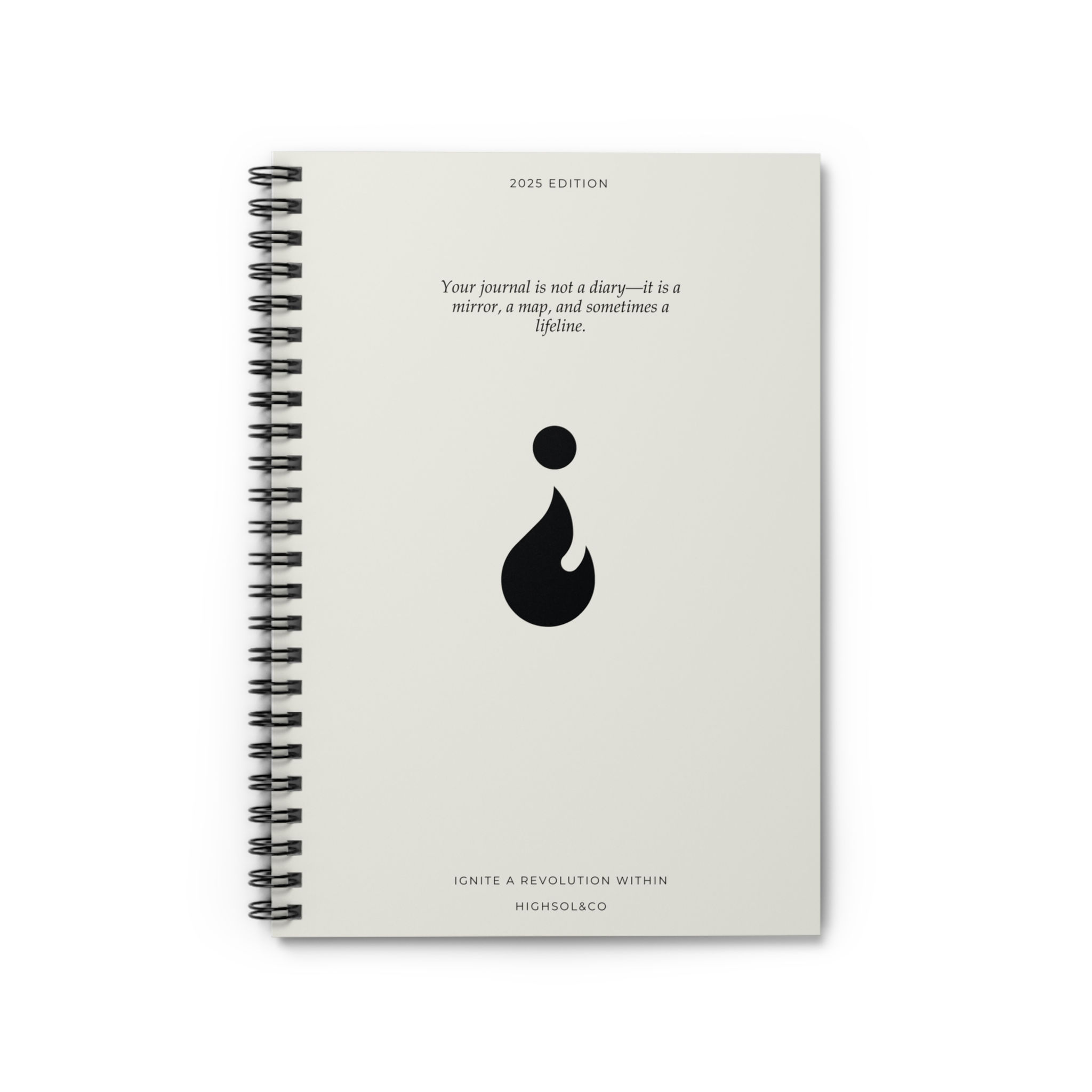 Plan and Manifest spiral journal front cover with minimalist flame emblem and motivational quote.