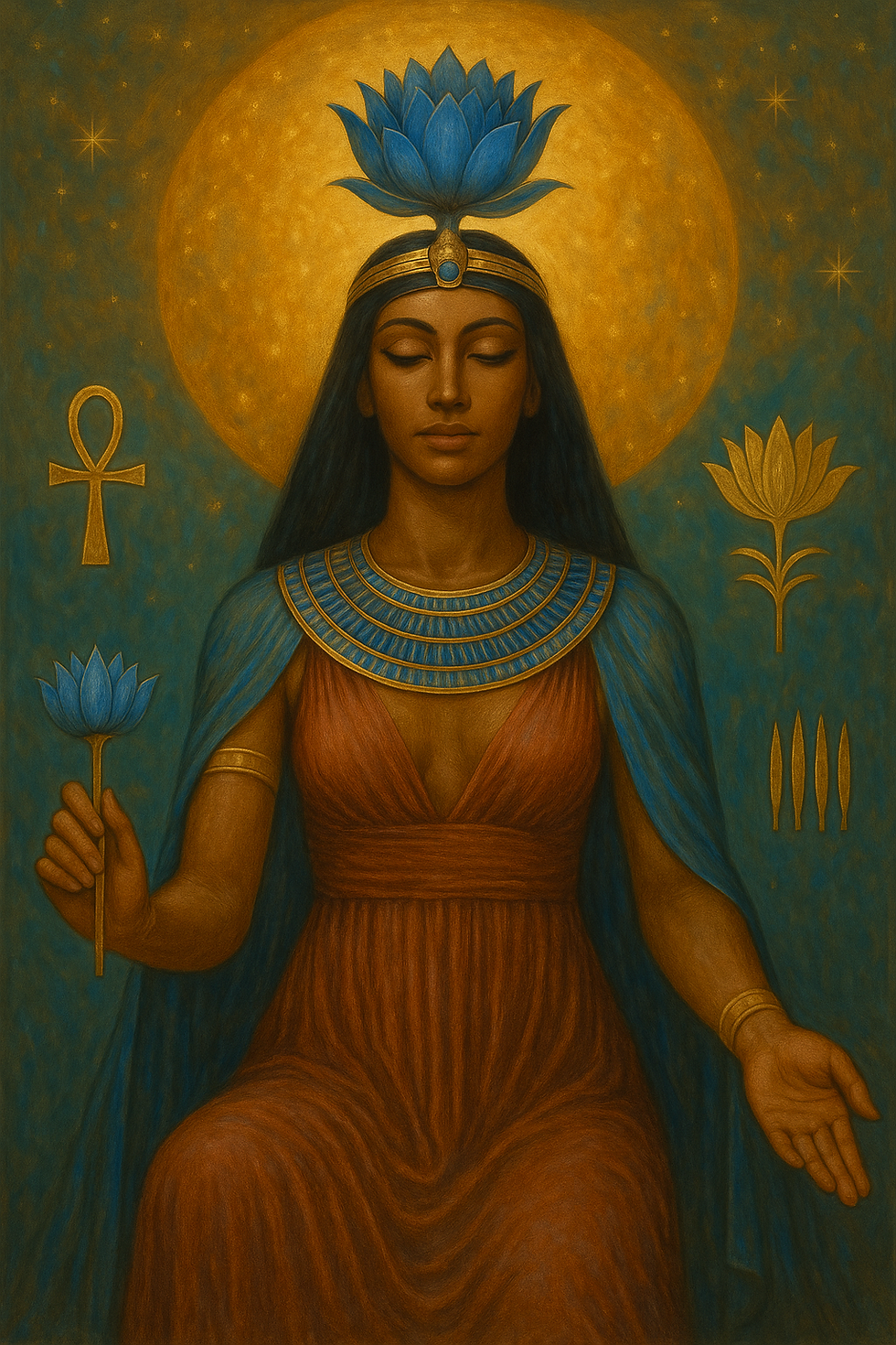 blue lotus spiritual benefits, divine feminine ritual guide, Egyptian goddess meditation, blue lotus flower meaning
