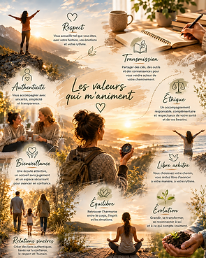 Les valeurs d’Entre Ciel et Terre : bienveillance, écoute, respect, authenticité et accompagnement de chacun sur son chemin