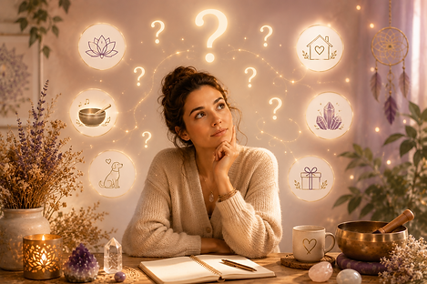 Femme s’interrogeant sur les soins énergétiques et les accompagnements d’Entre Ciel et Terre, entourée de symboles représenta