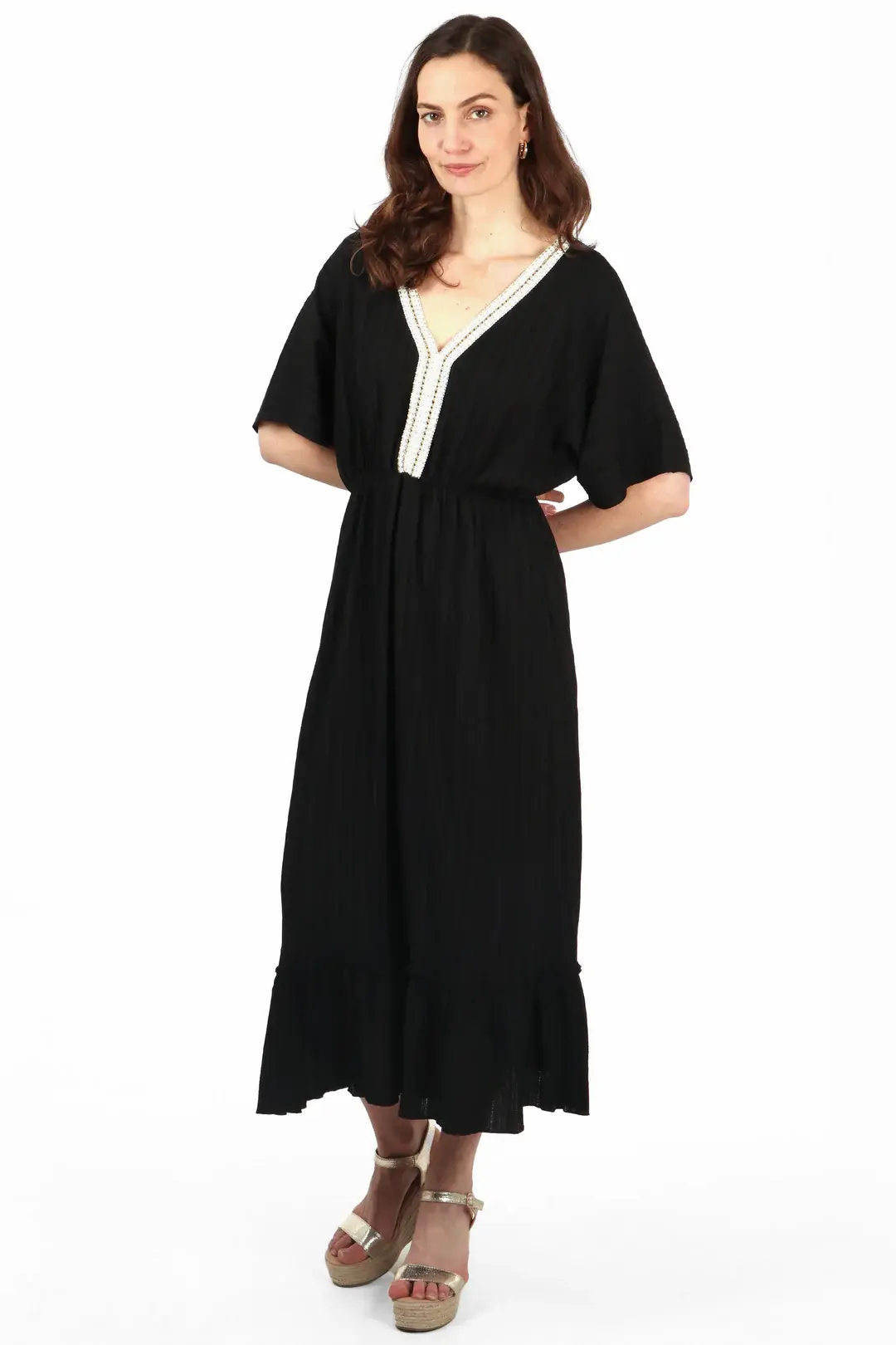Gold Rope Trim Black V-Neck Kaftan Dress