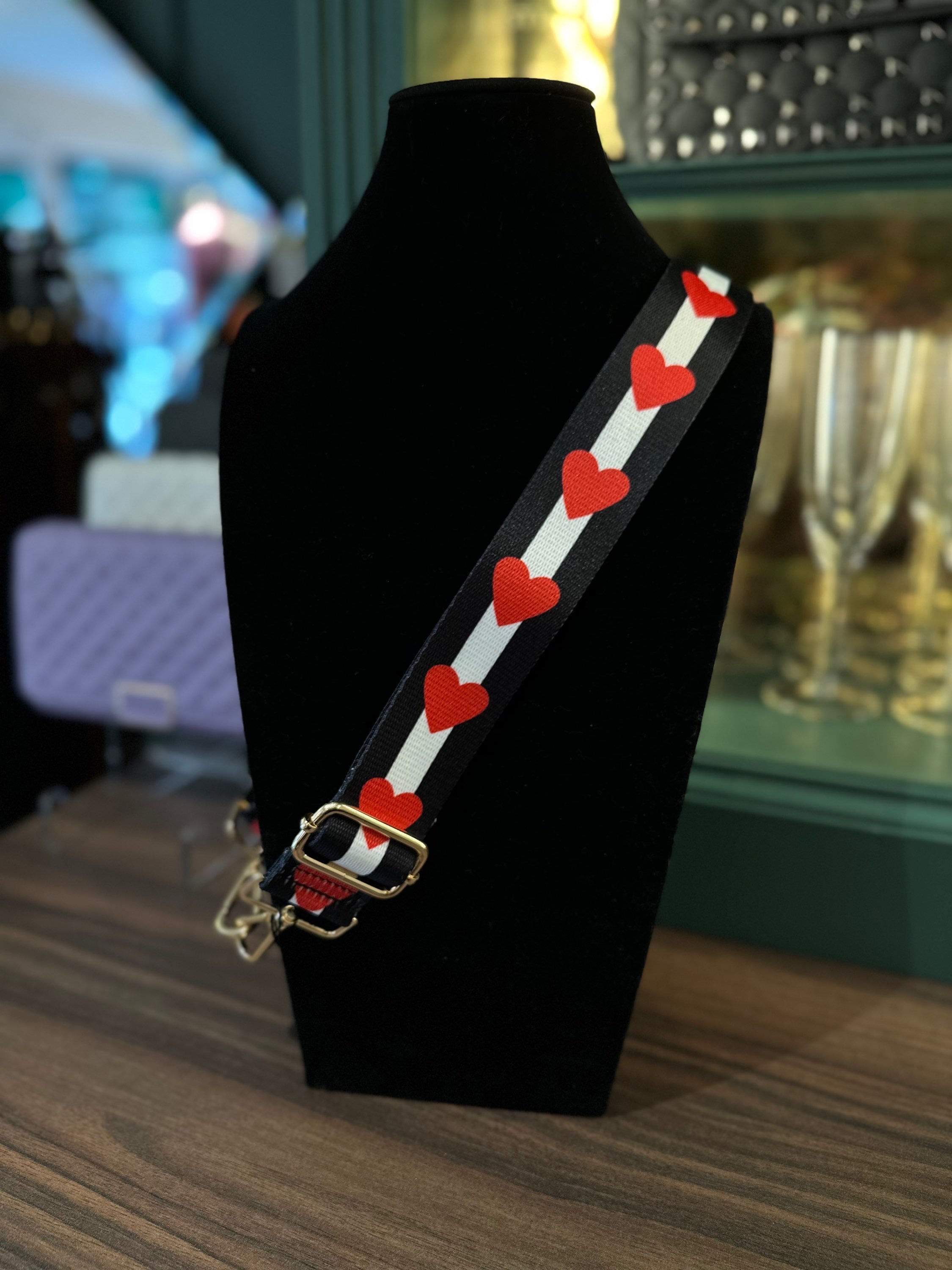 Black/White Red Heart Bag Strap