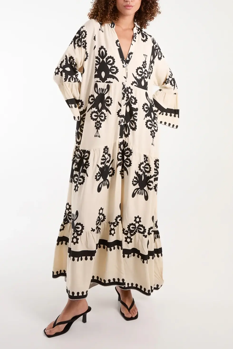 Thumbnail: Open Collar Damask Print Maxi Dress