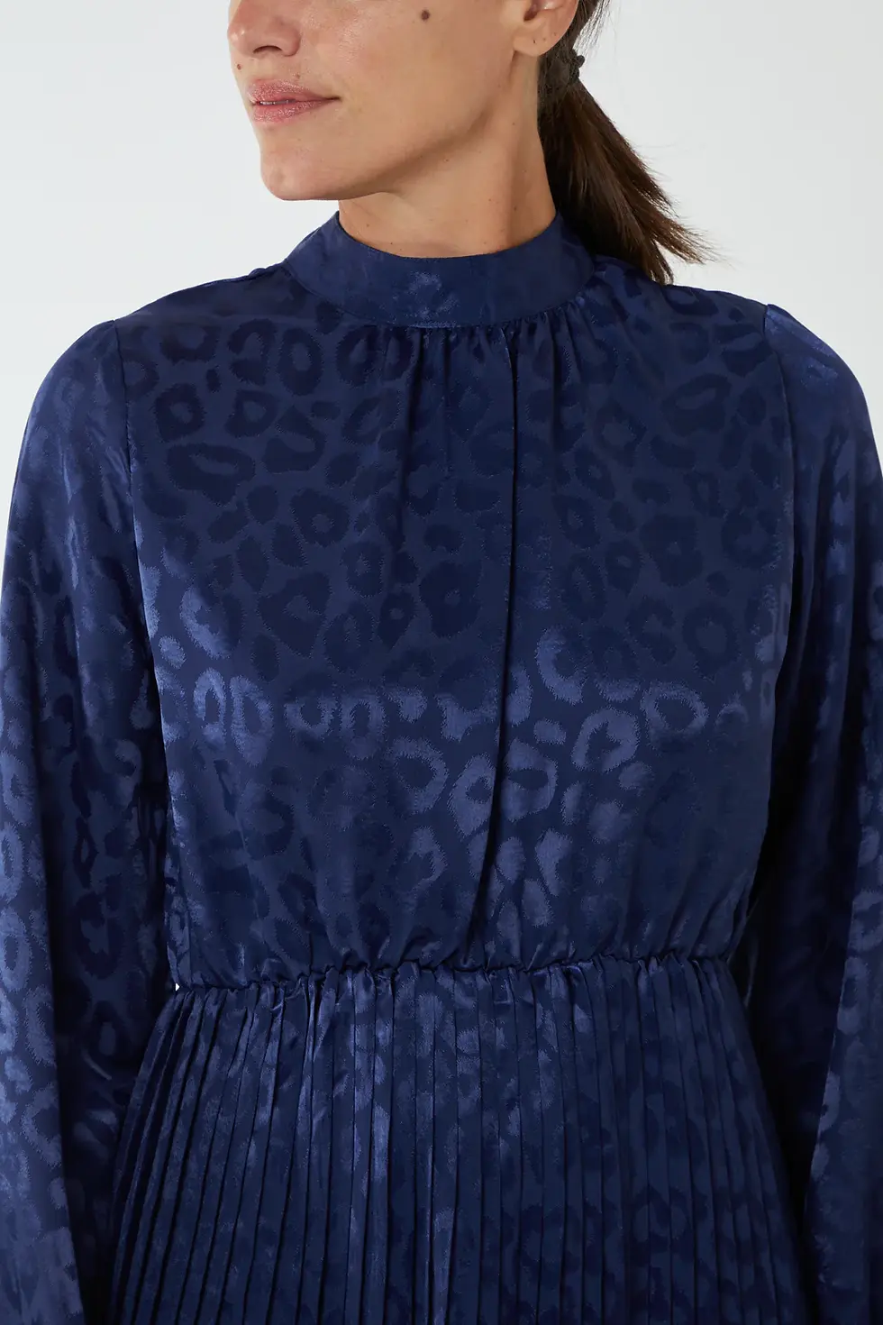 Thumbnail: Royal Blue High Neck Blouson Pleated Midi Dress
