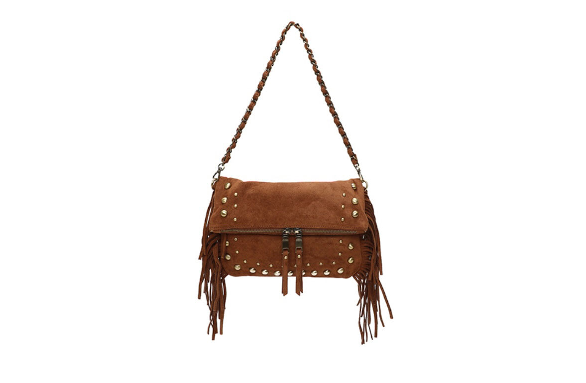 Tan Fold Over Stud/Fringe Bag