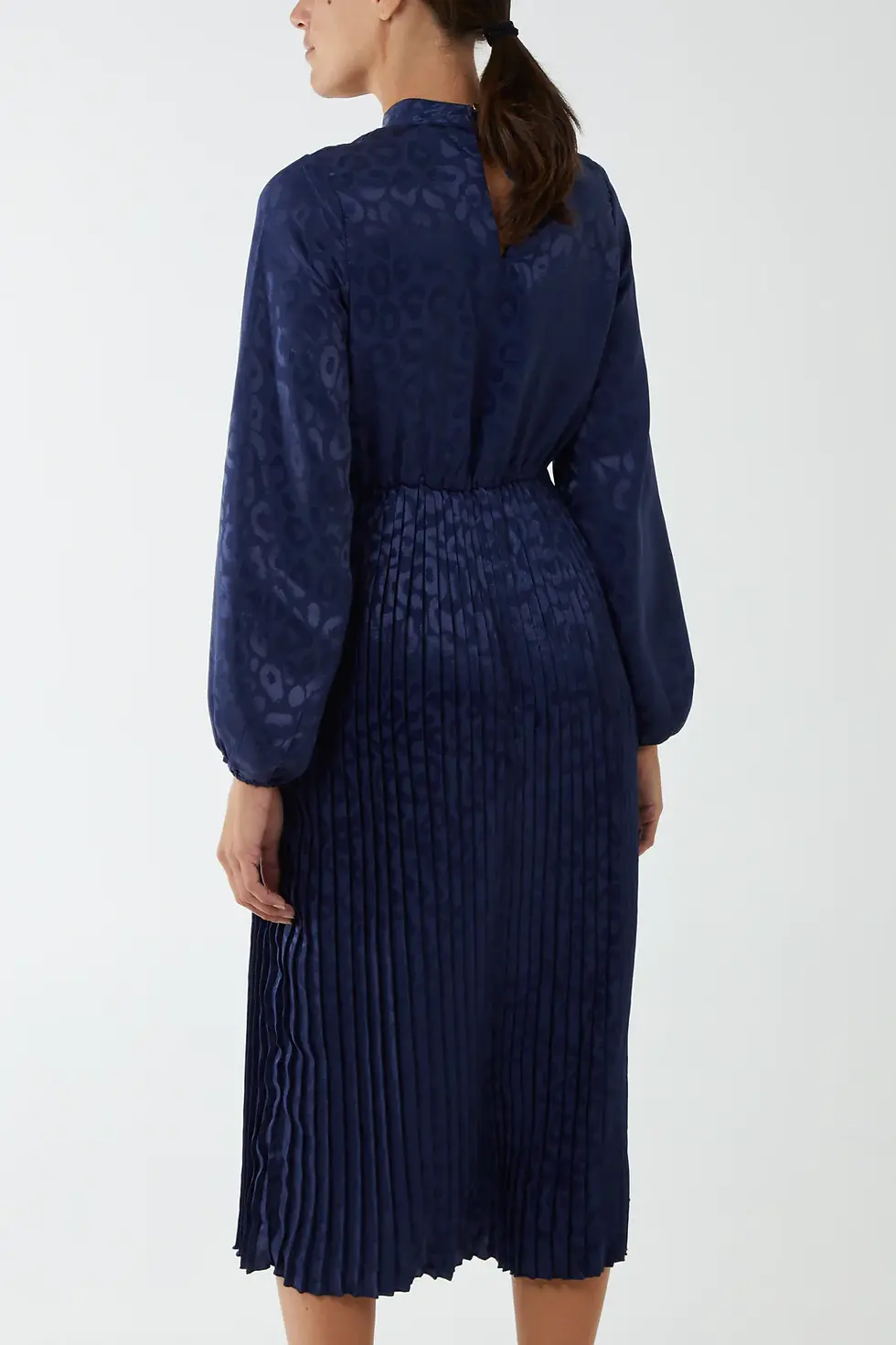 Thumbnail: Royal Blue High Neck Blouson Pleated Midi Dress