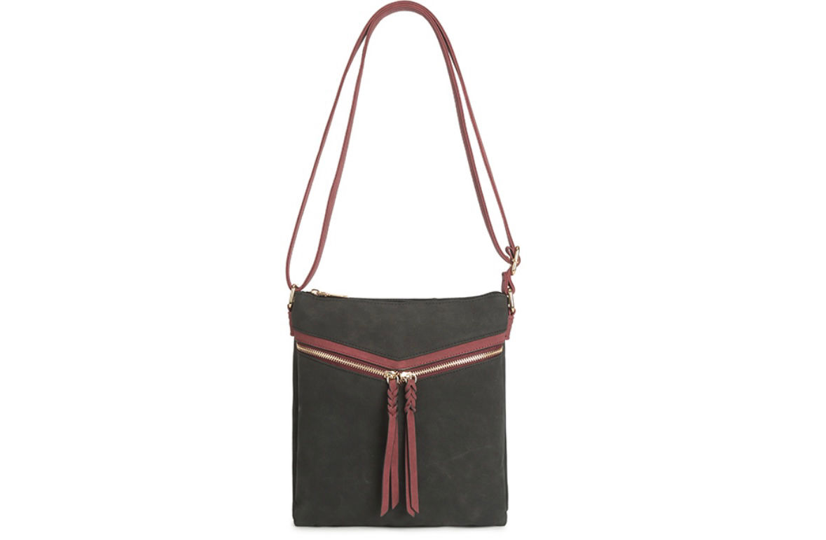 Black Flat Wine Diagonal Zip Satchel Bag