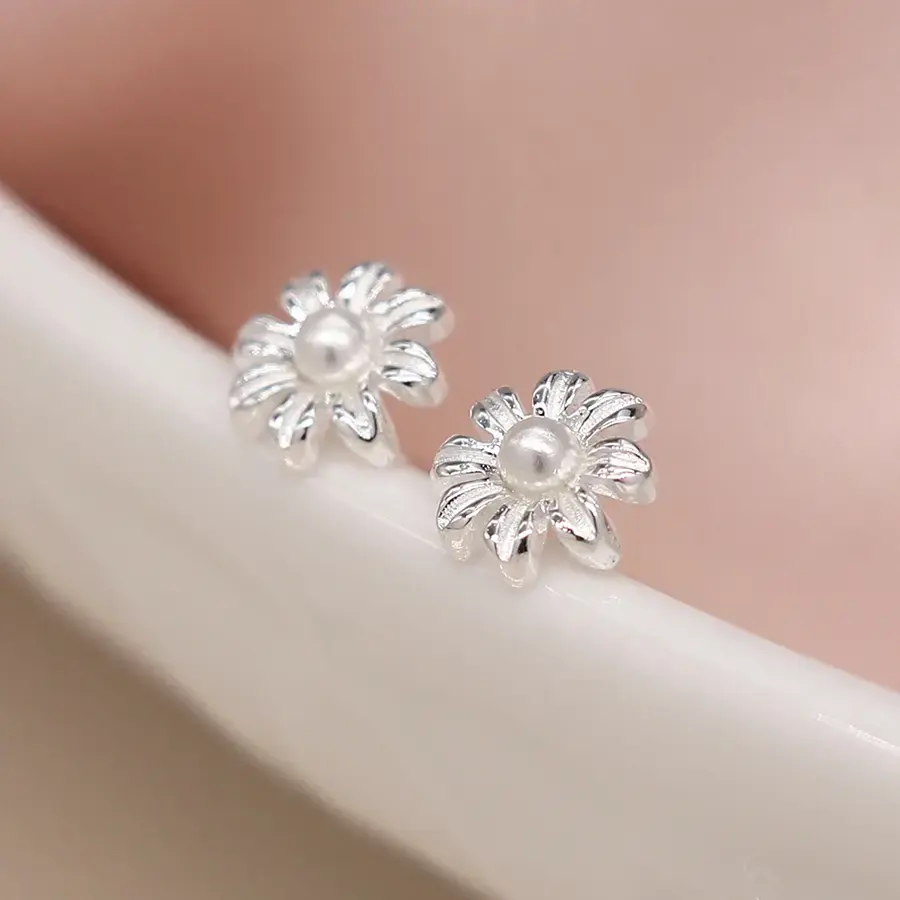 Sterling Silver Flower Pearl Earrings