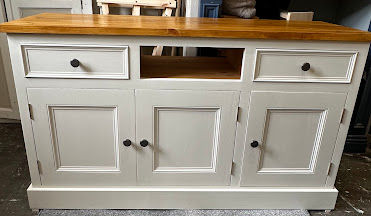 Bespoke Sideboard TV Stand, hand painted in Farrow & Ball Slipper Stain. Stained and waxed oak look top