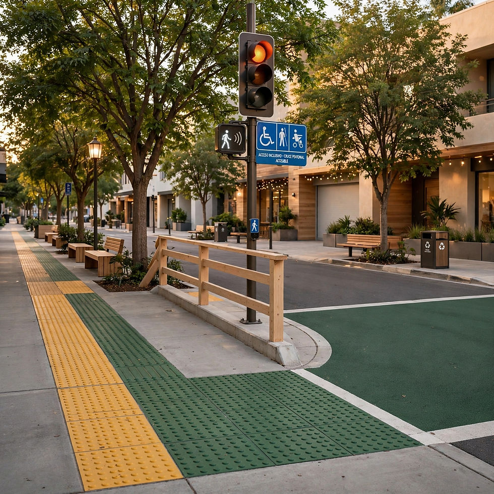 Calle con acera táctil y paso accesible con semáforo.