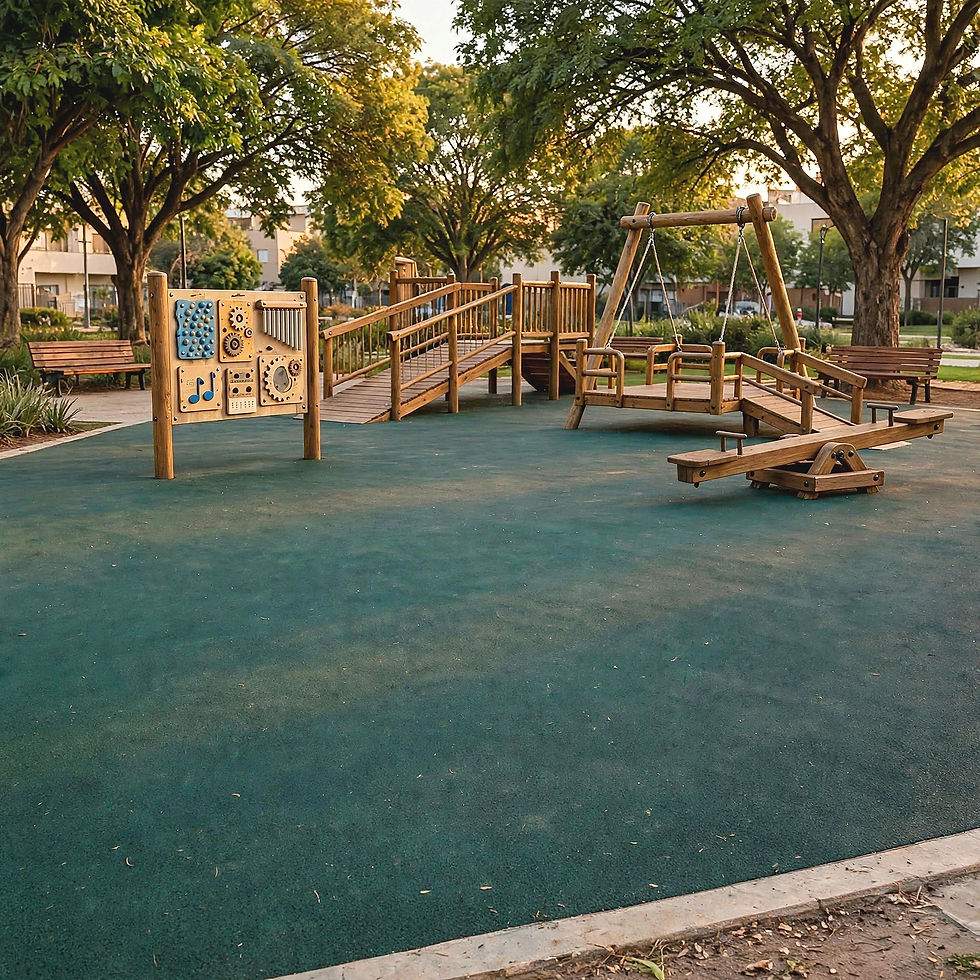 Parque infantil de madera con columpios y suelo de goma.
