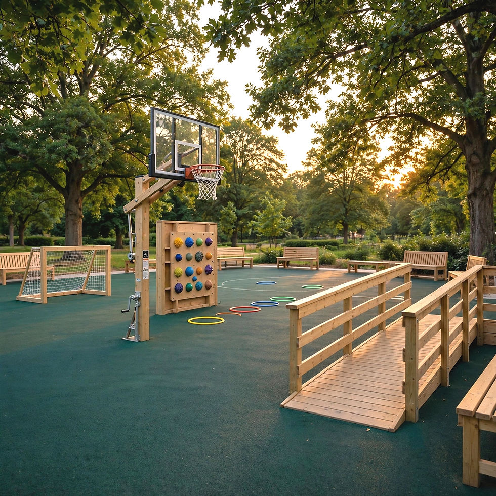 Área de juegos inclusiva con canasta y rampa de madera.