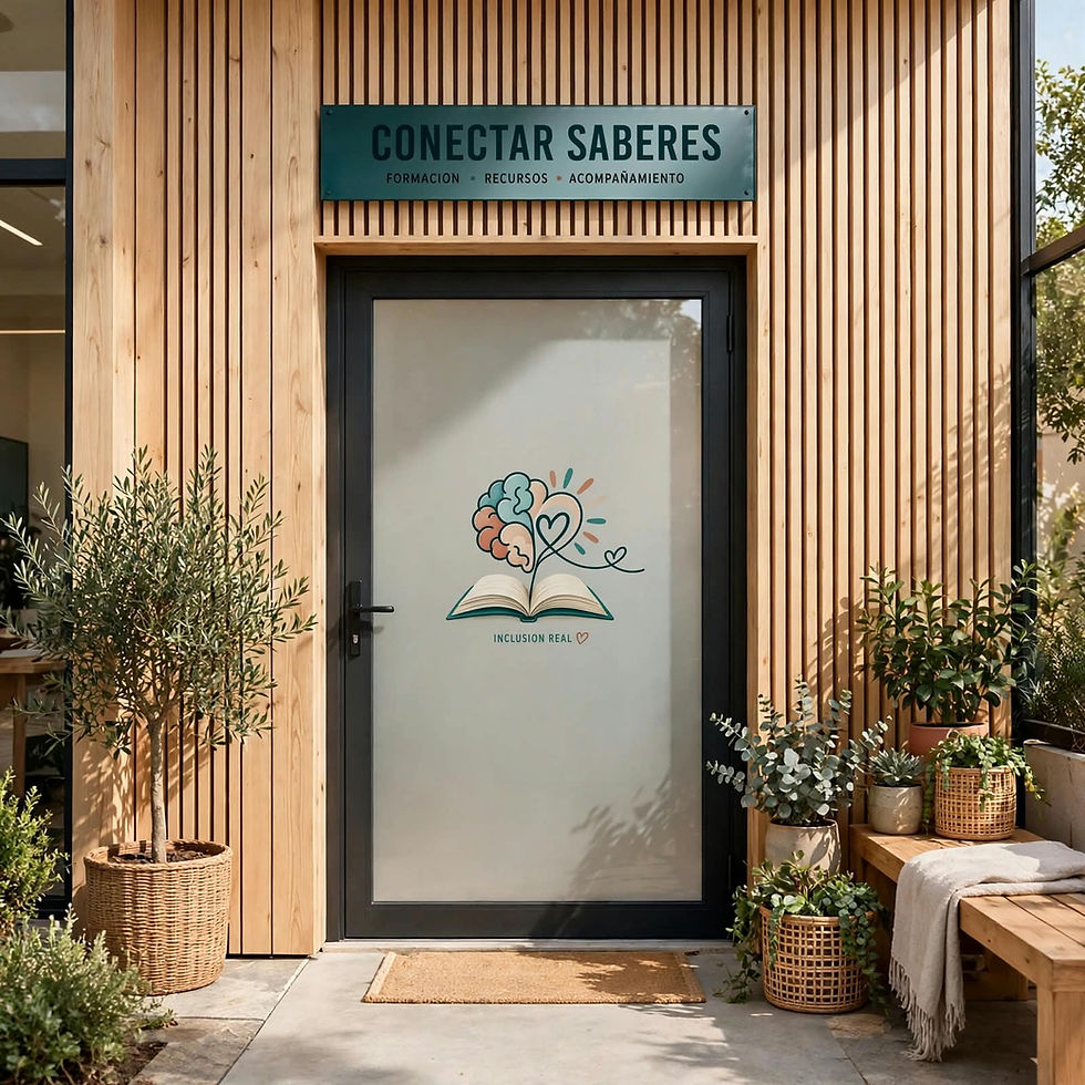 Entrada de Conectar Saberes con logo en puerta de vidrio.