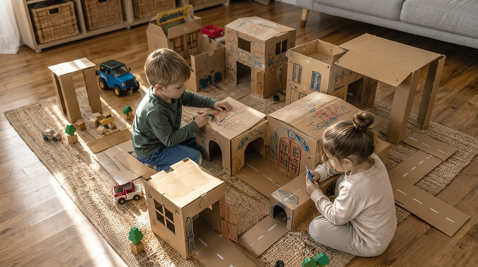 Niños jugando con casas y túneles de cartón en el suelo