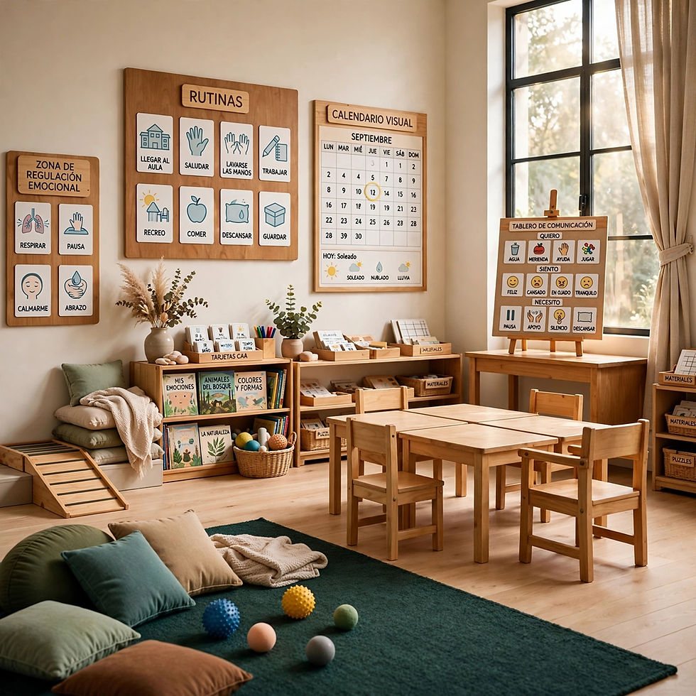 Aula escolar con paneles de rutinas y calendario visual.