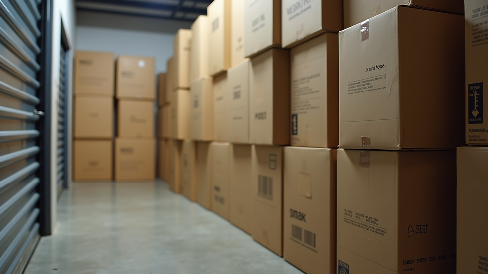 Close-up view of packed moving boxes stacked in a storage unit
