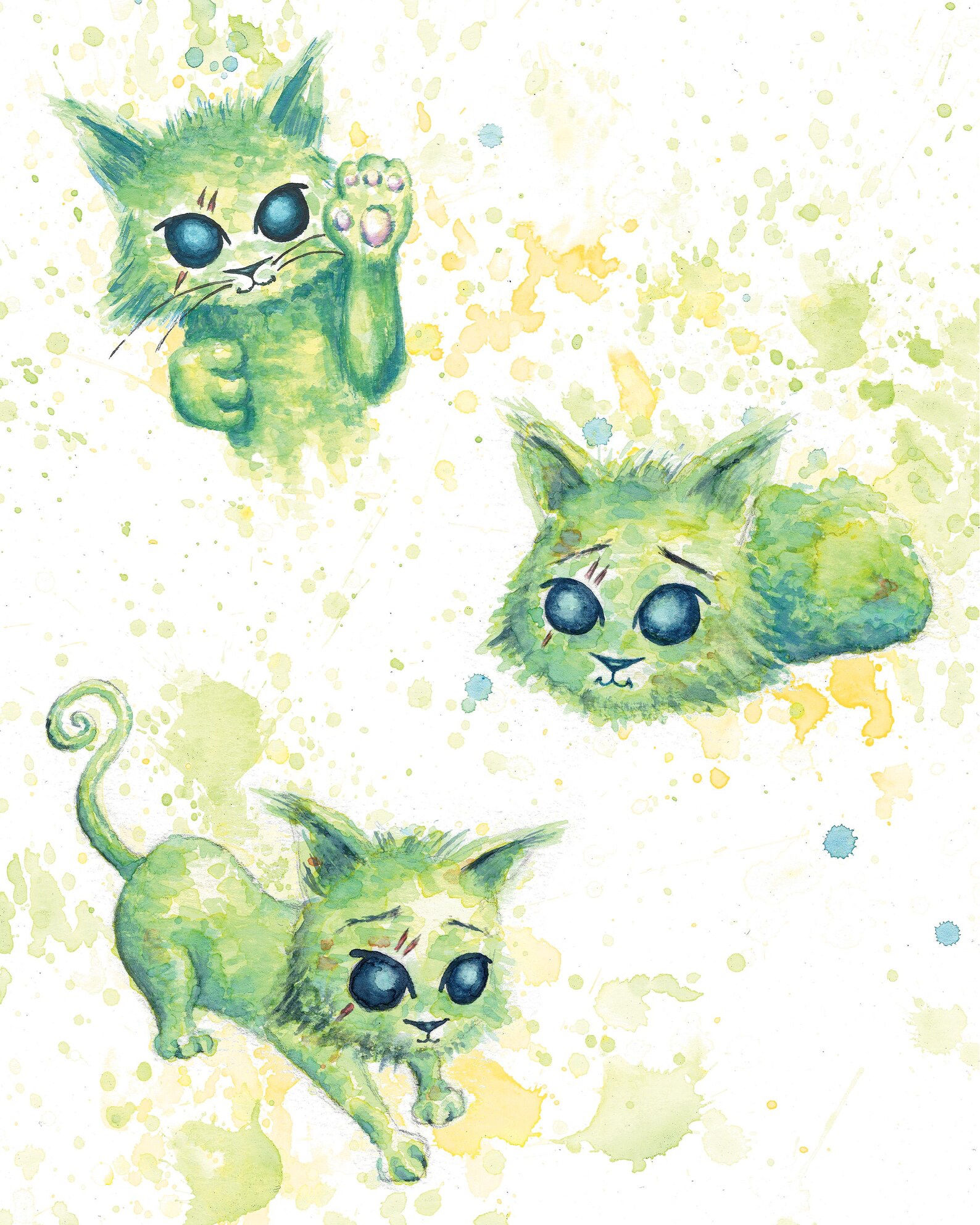 Little Green Kitten Trio Watercolor Art Print   |   Animals