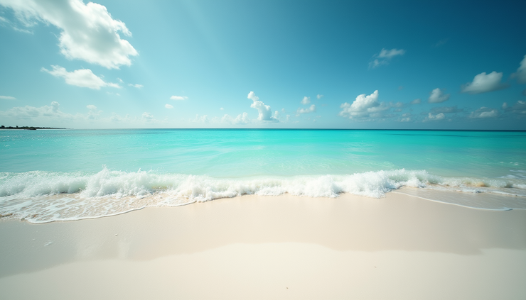Eye-level view of a serene beach with turquoise water and white sand stretching into the horizon