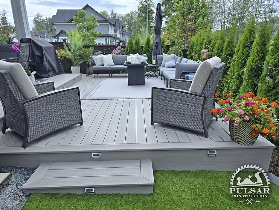 Split-level TimberTech composite deck in Langley, BC, illustrating how deck design and layout can influence construction costs.