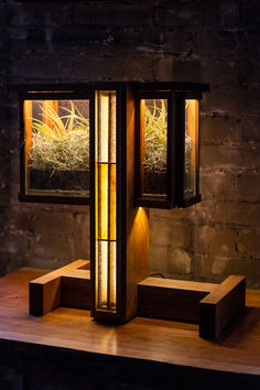 terrarium window lamp made with stained glass and wood