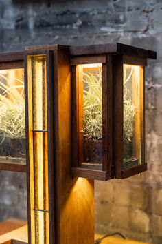terrarium window lamp made with stained glass and wood