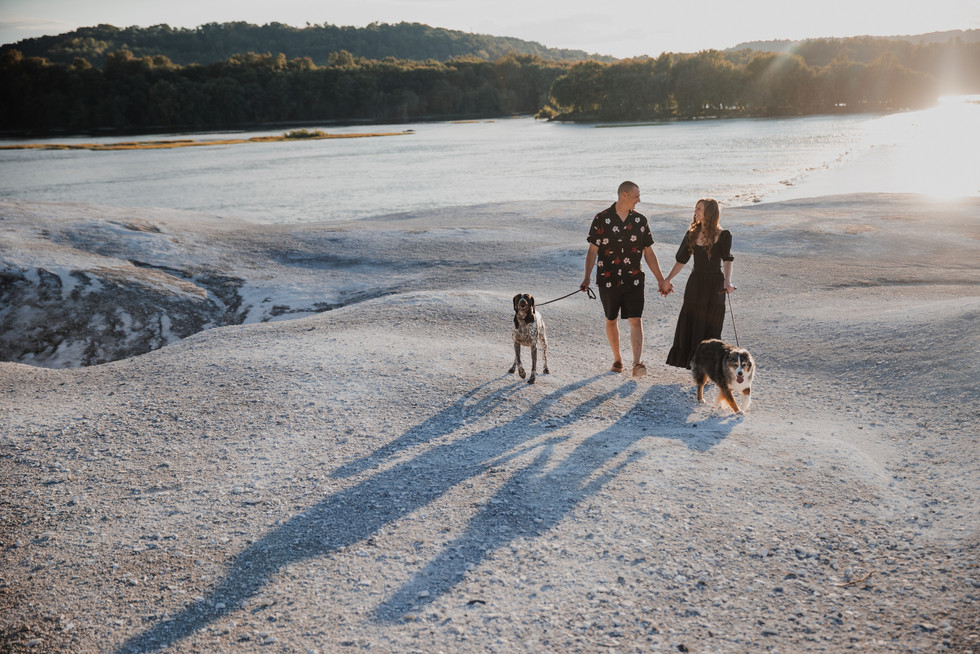 Engagement session with the couple wearing black walking their dogs at golden hour at the white plains in Pennsylvania