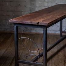 ornate metal and wooden dining room bench for picnic style table