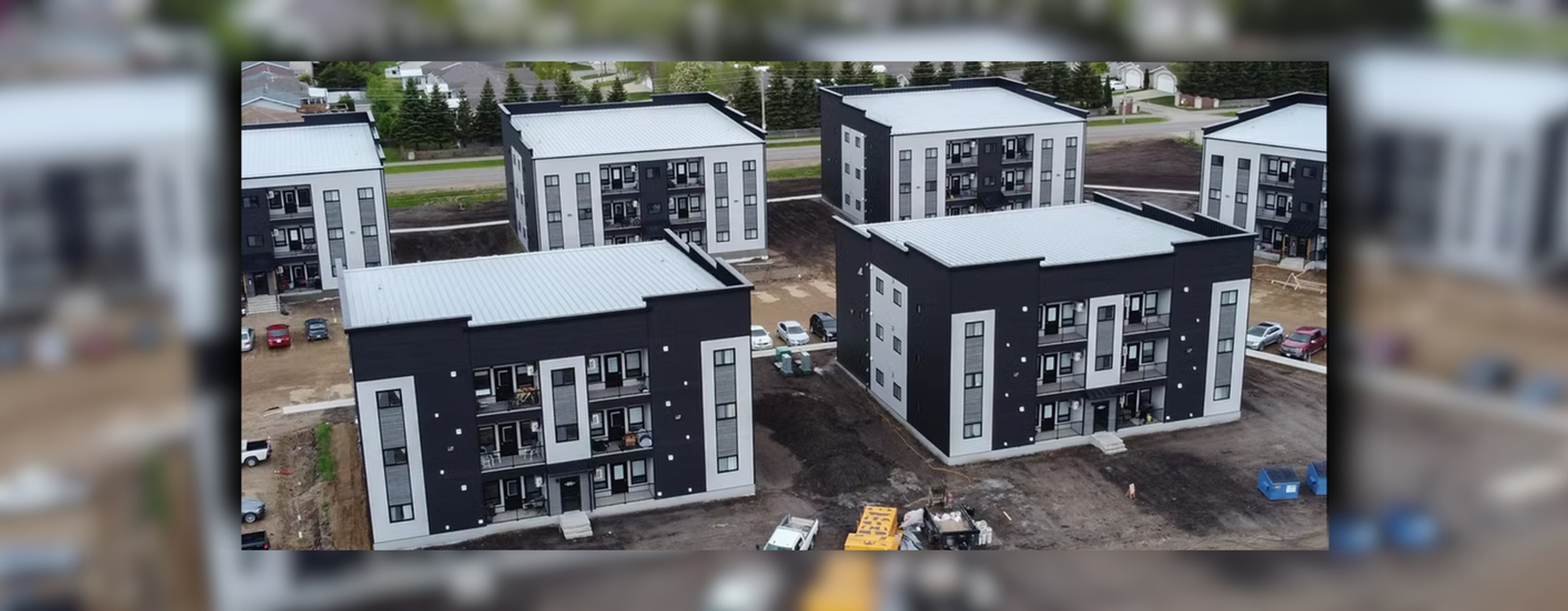 Aerial view of Apollo Heights, Phase 1 buildings, a multi-family residential development on the North Hills of Brandon, MB