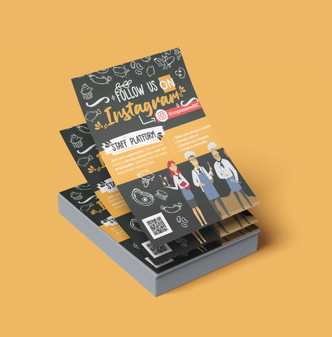 A stack of promotional flyers displayed against an orange background, featuring a black and orange design encouraging staff to follow the company on Instagram. The flyers include hand-drawn food illustrations, cartoon-style staff characters, a QR code, and bold typography promoting internal community engagement.