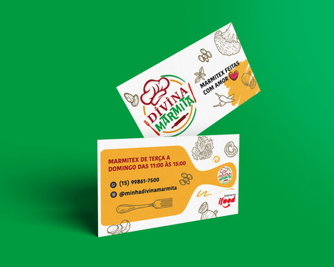 Two Divina Marmita business cards on a green background, showing a colorful logo with a chef’s hat, food illustrations, contact information, business hours, and iFood delivery branding.