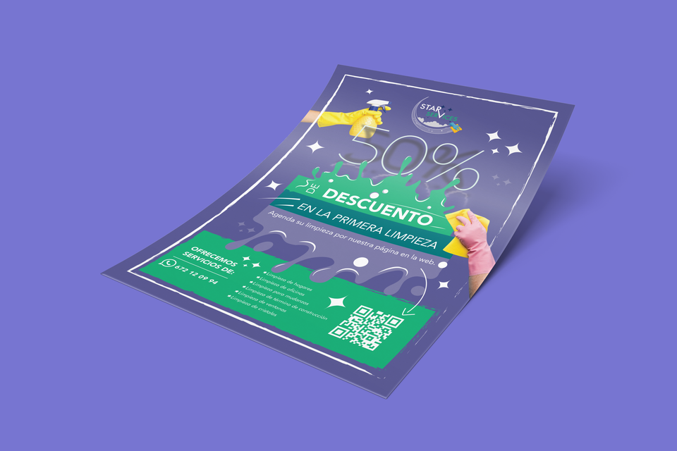 A curved promotional flyer on a purple background advertising a 50% discount on first-time cleaning services. The design features green and blue graphic splashes, images of hands holding cleaning tools, bold percentage typography, service details in Spanish, and a QR code for online booking.