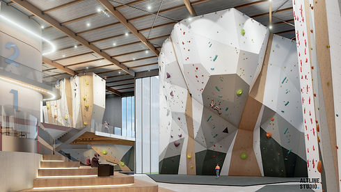 Photorealistic 3D visualization of a climbing gym interior design