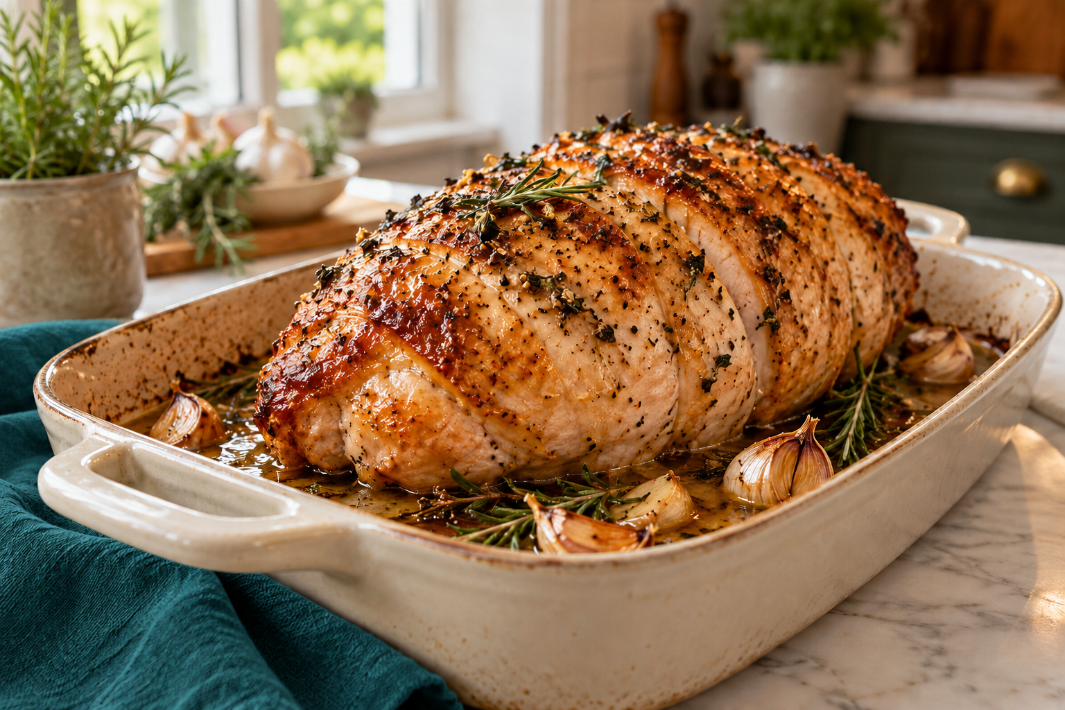 Roast boneless turkey crown in an ivory dish with a teal napkin. Illustrative serving or preparation suggestion.