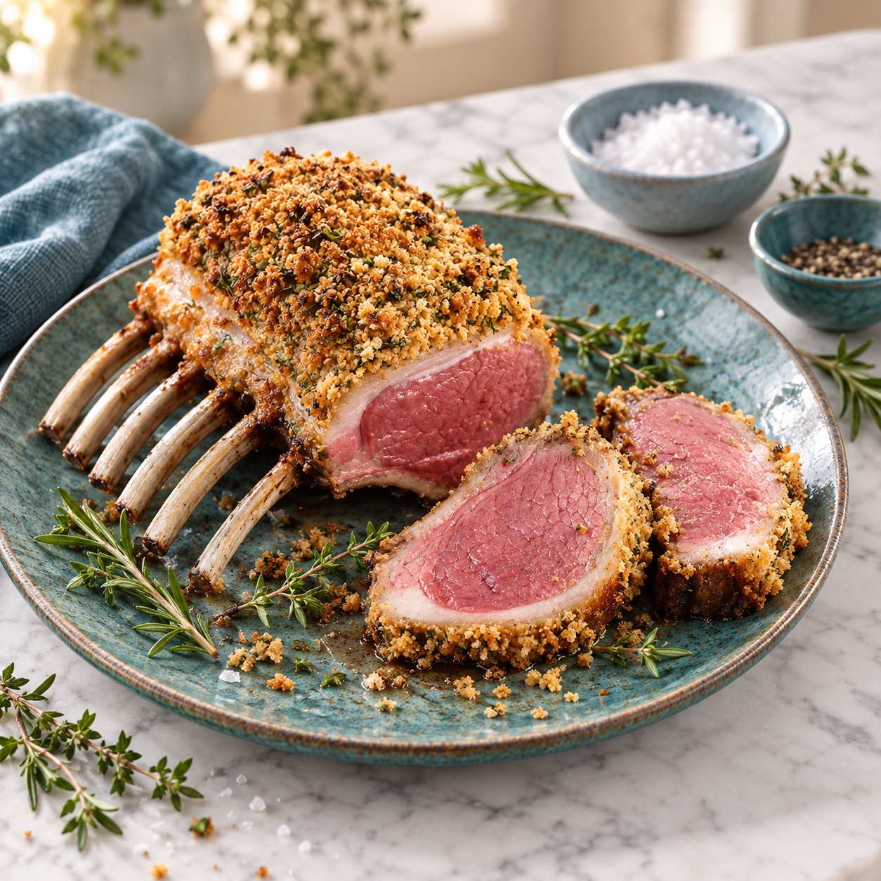 Herb-crusted rack of lamb with carved cutlets on a mottled teal plate, with herbs and salt on white marble.