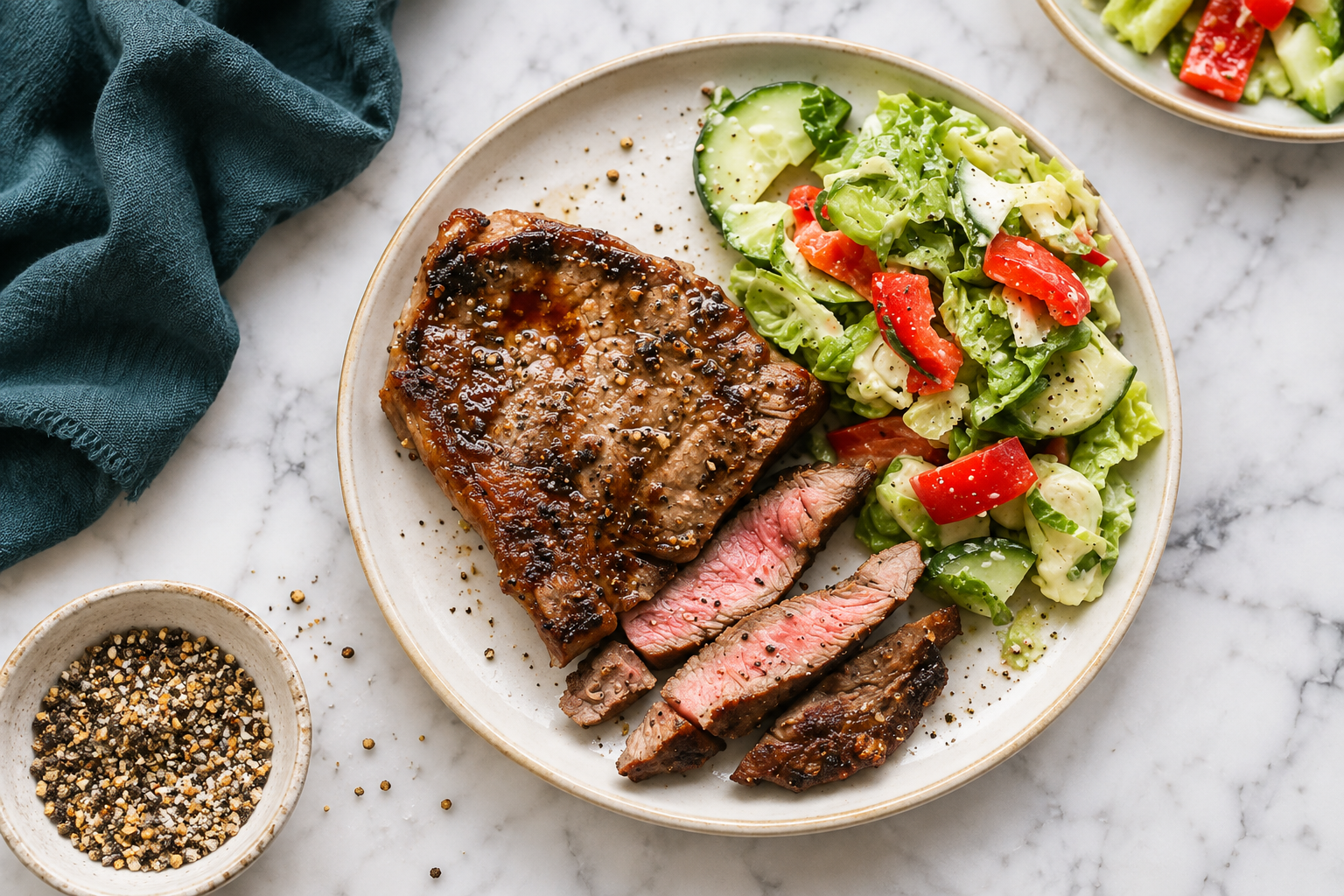 Grilled steak with sliced pink centre and a fresh salad on an ivory plate, with white marble and a deep teal napkin. Illustrative serving suggestion.