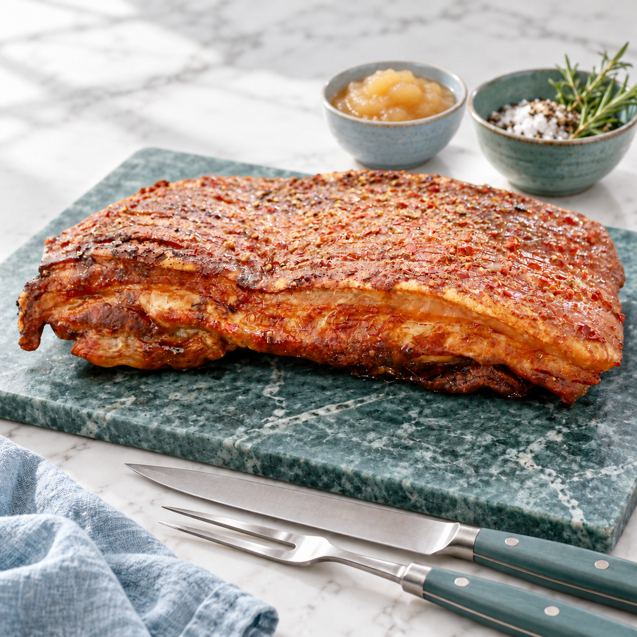 Roast pork belly on a teal marble board with apple sauce and teal carving utensils. Serving suggestion.