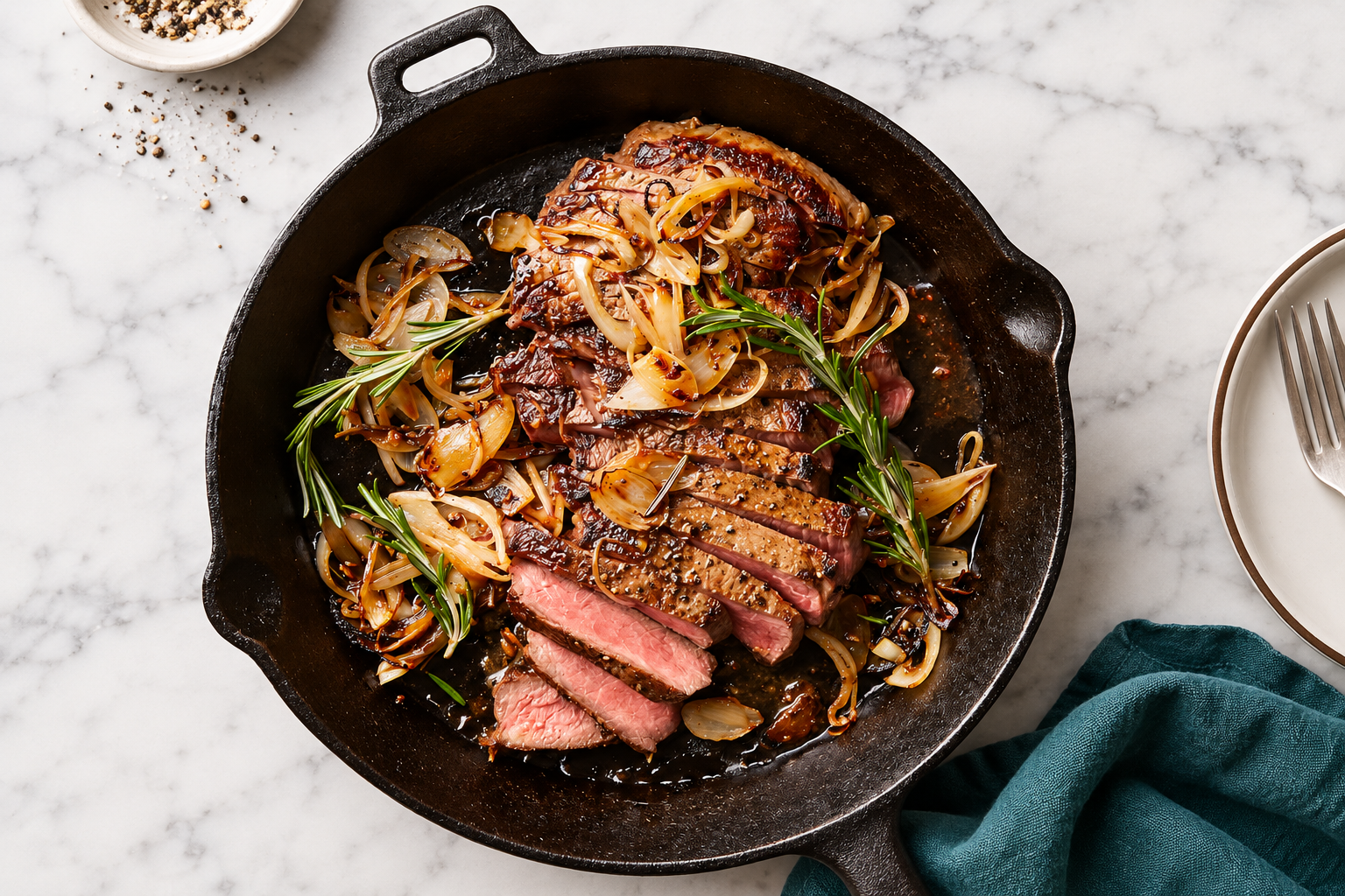 Sliced steak with caramelised onions and rosemary in a cast-iron skillet, on white marble beside a deep teal napkin. Illustrative serving suggestion.