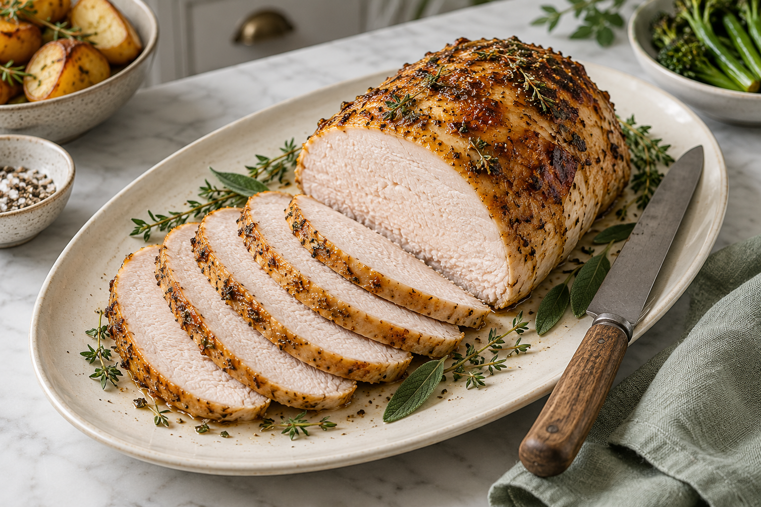 Carved roast turkey breast, showing slices and a serving portion. Illustrative serving or preparation suggestion.