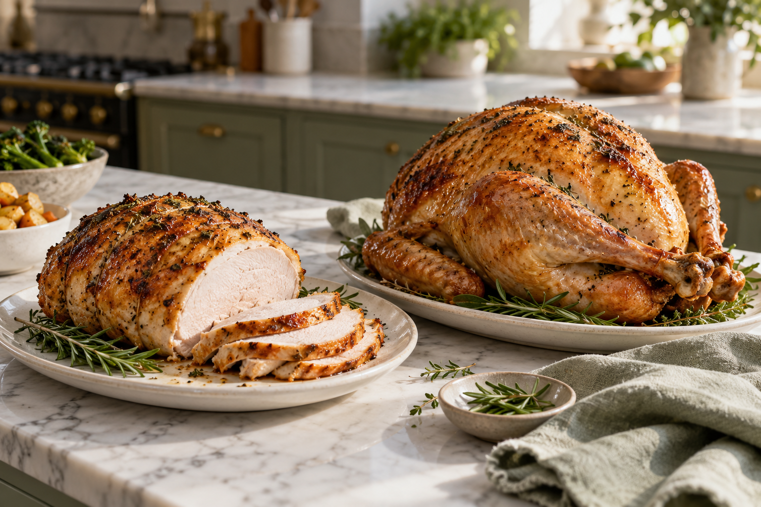 A whole roast turkey beside a sliced boneless turkey crown. Illustrative serving or preparation suggestion.