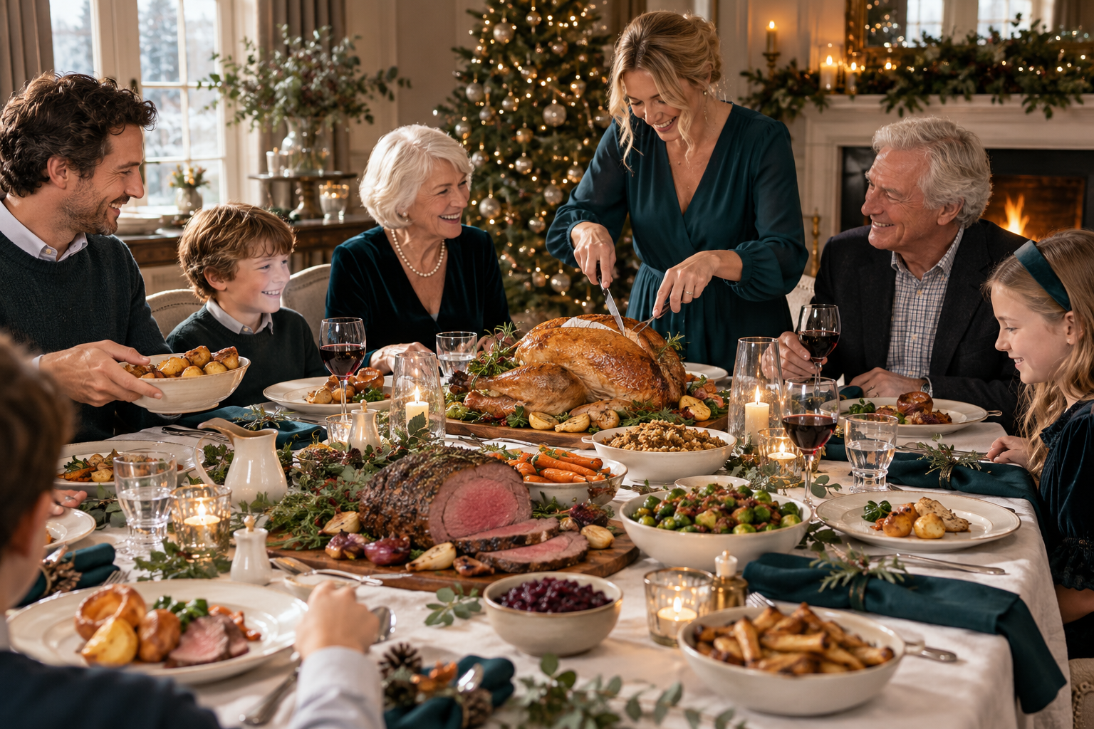 Three generations sharing Christmas dinner around a table. Illustrative serving or preparation suggestion.