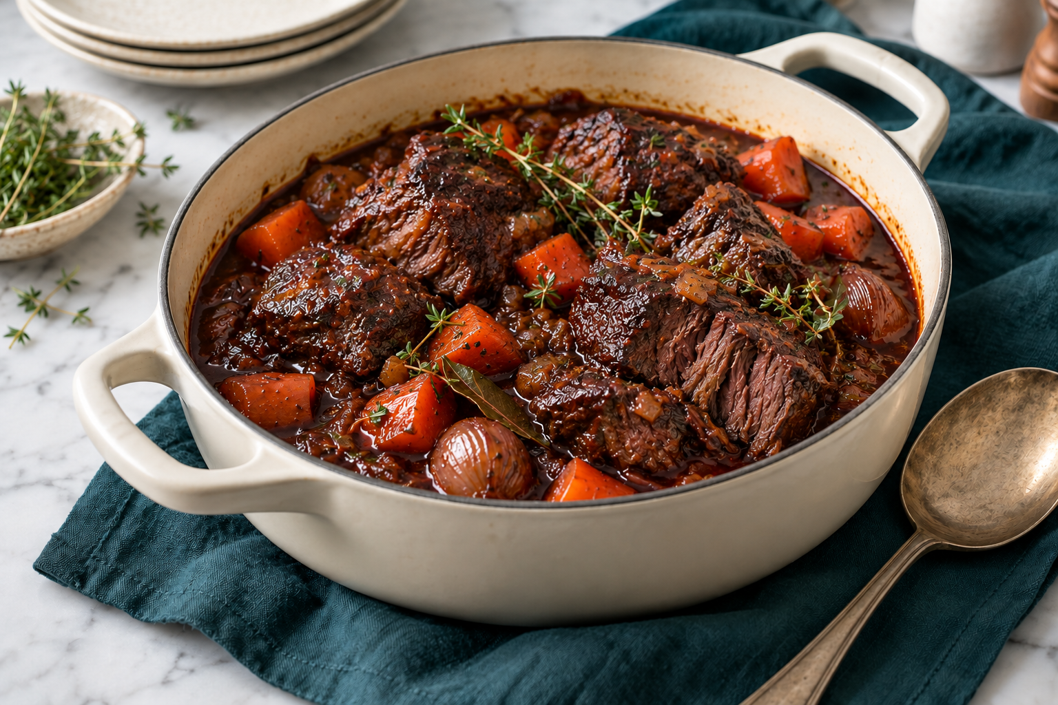 Boneless shin of beef braised with carrots, onions and red wine. Illustrative serving or preparation suggestion.