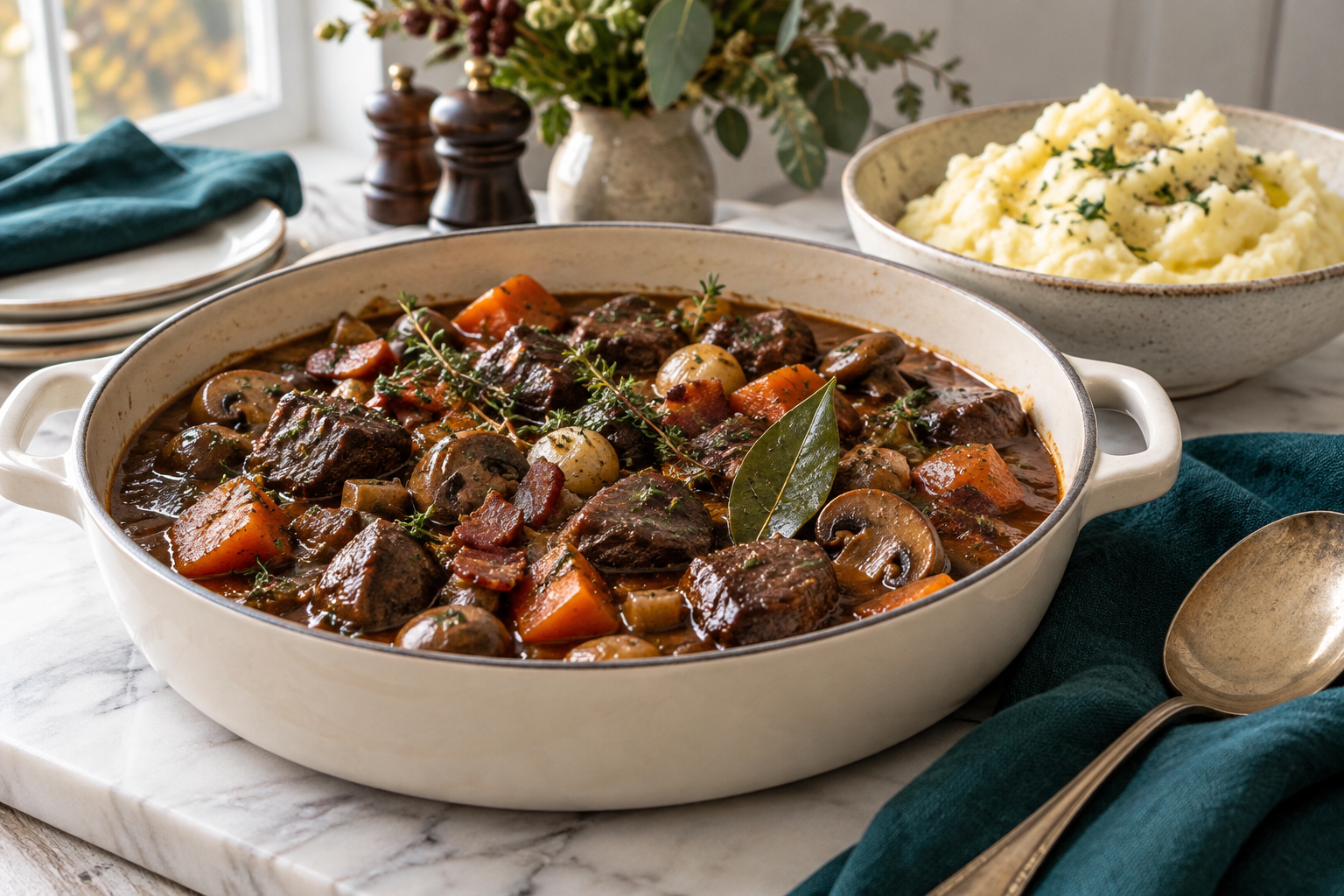 Mixed game casserole with mushrooms and vegetables in an ivory dish. Illustrative serving or preparation suggestion.