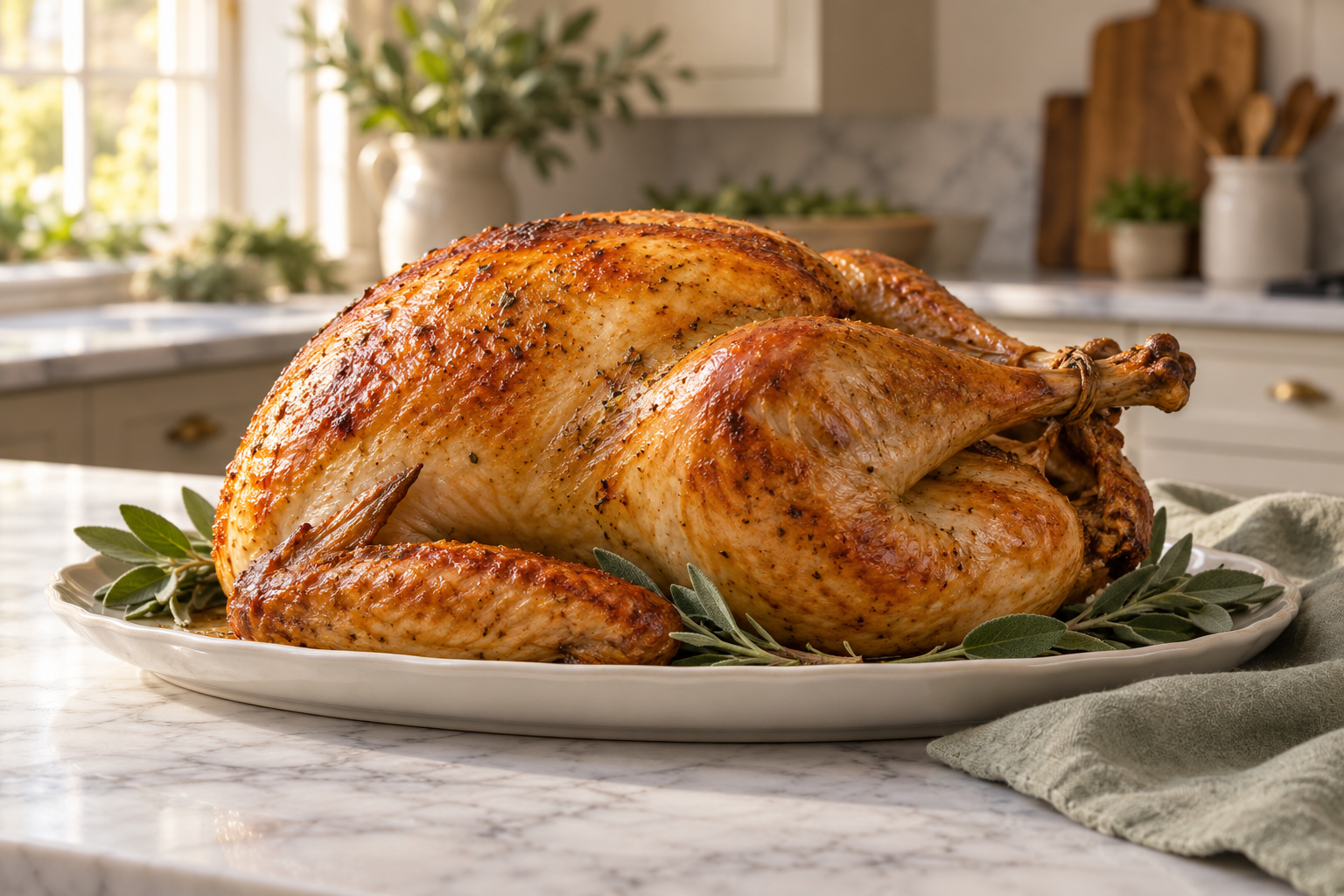 A roast whole turkey served with traditional accompaniments. Illustrative serving or preparation suggestion.