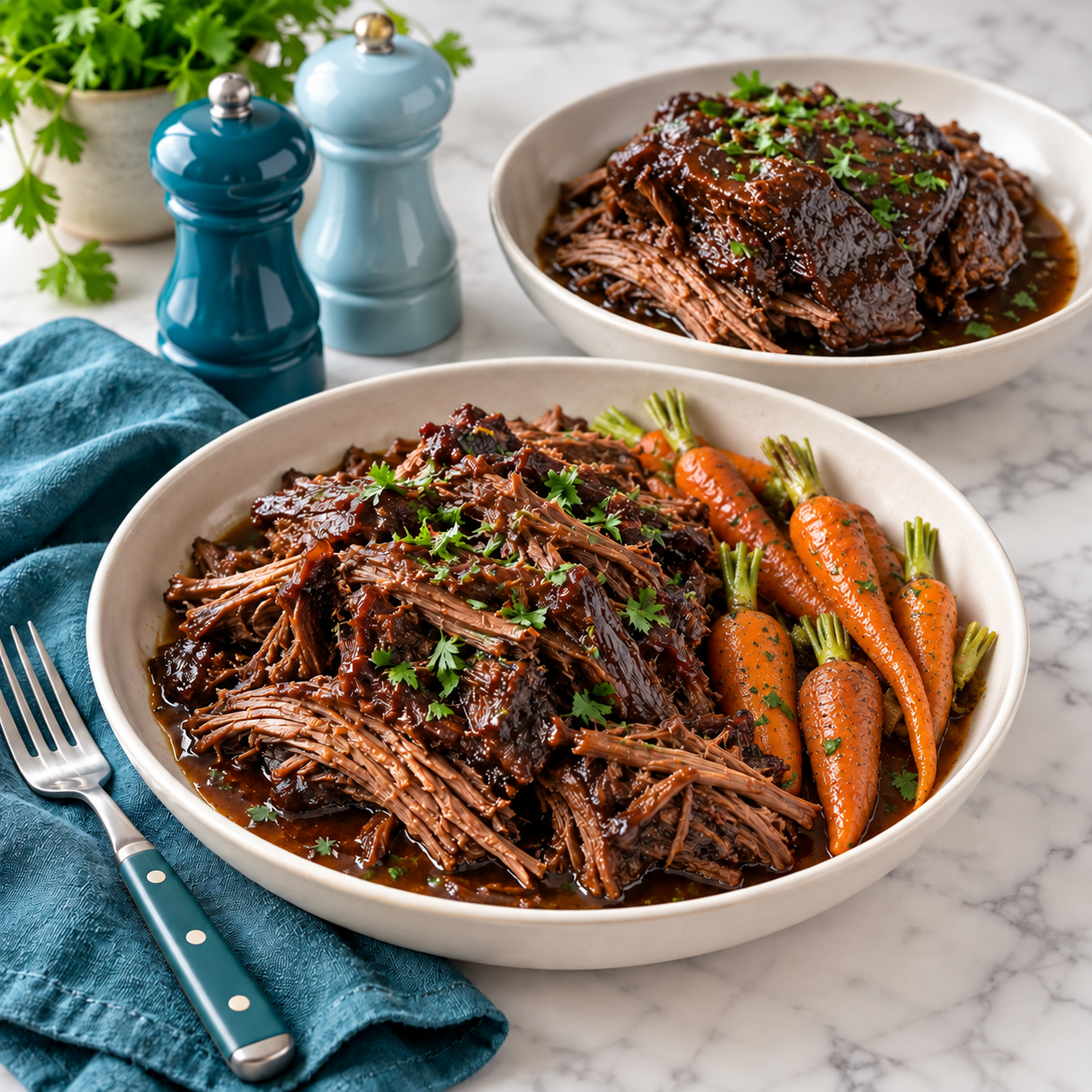 Shredded brisket and a slow-cooked joint in two bowls with rustic glazed carrots, teal accessories and white marble.