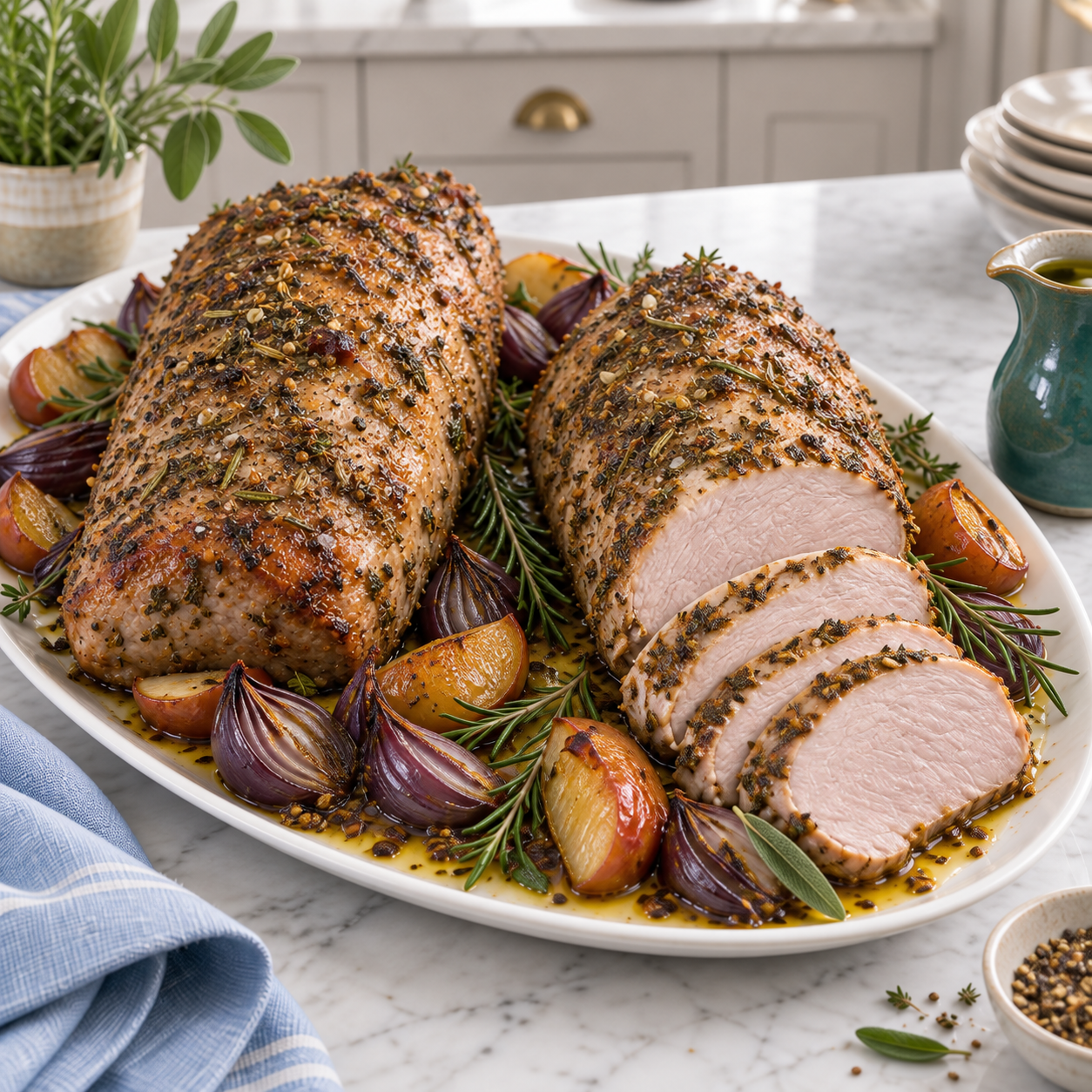 Boneless British pork loin ready for roasting. Serving suggestion.
