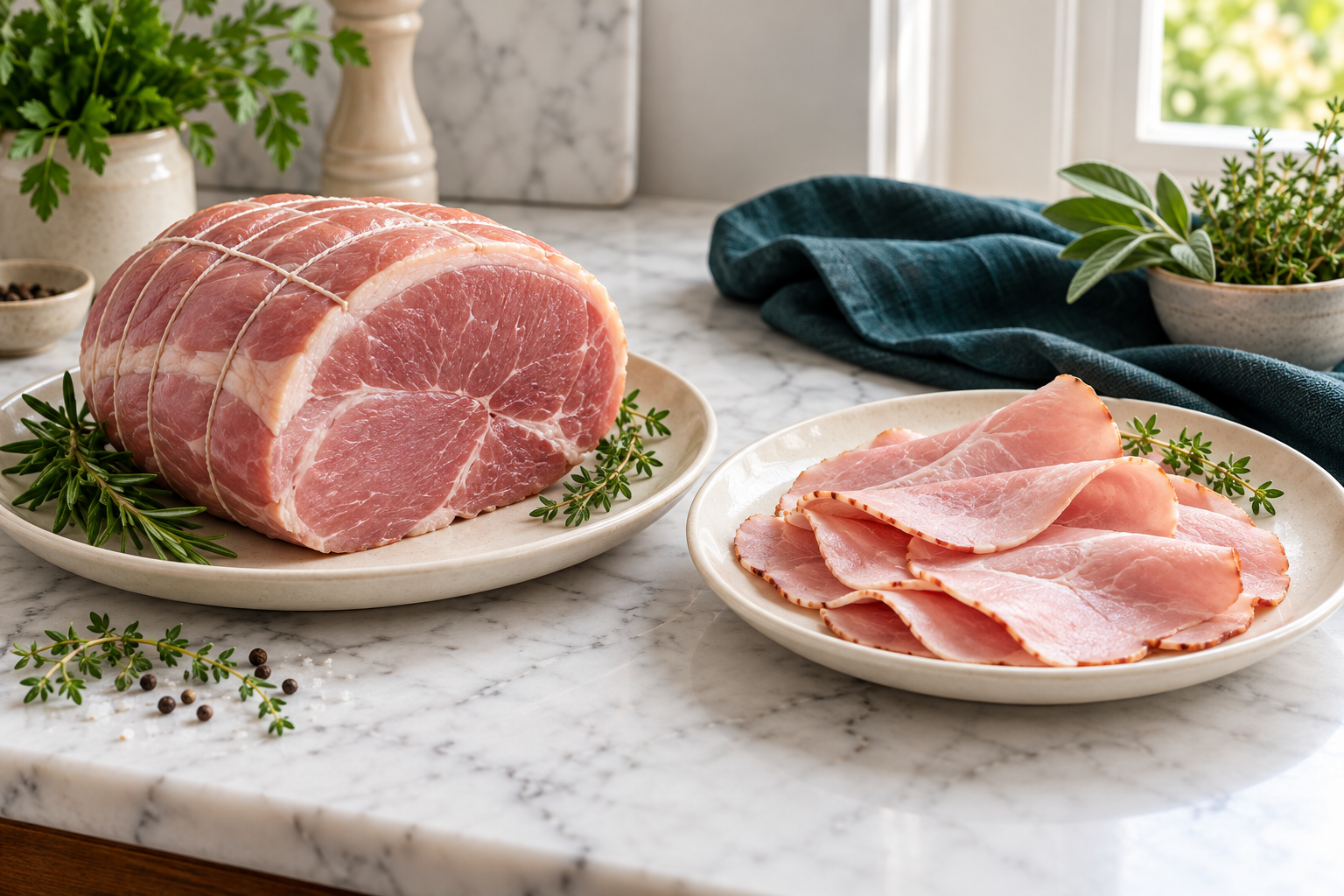 Raw cured gammon beside slices of cooked ham on a marble surface. Illustrative serving or preparation suggestion.