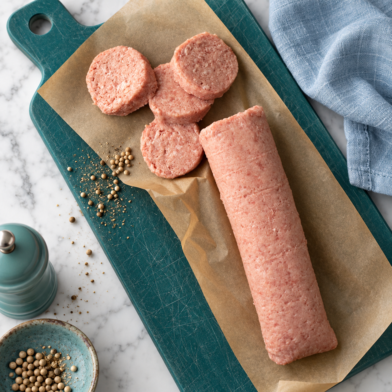 Sausage meat illustration from the current Malpas Farm Shop catalogue.